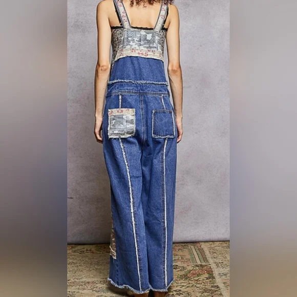 POL SIZE SMALL Denim Overalls with Pink Camouflage Patchwork - Picture 2 of 2